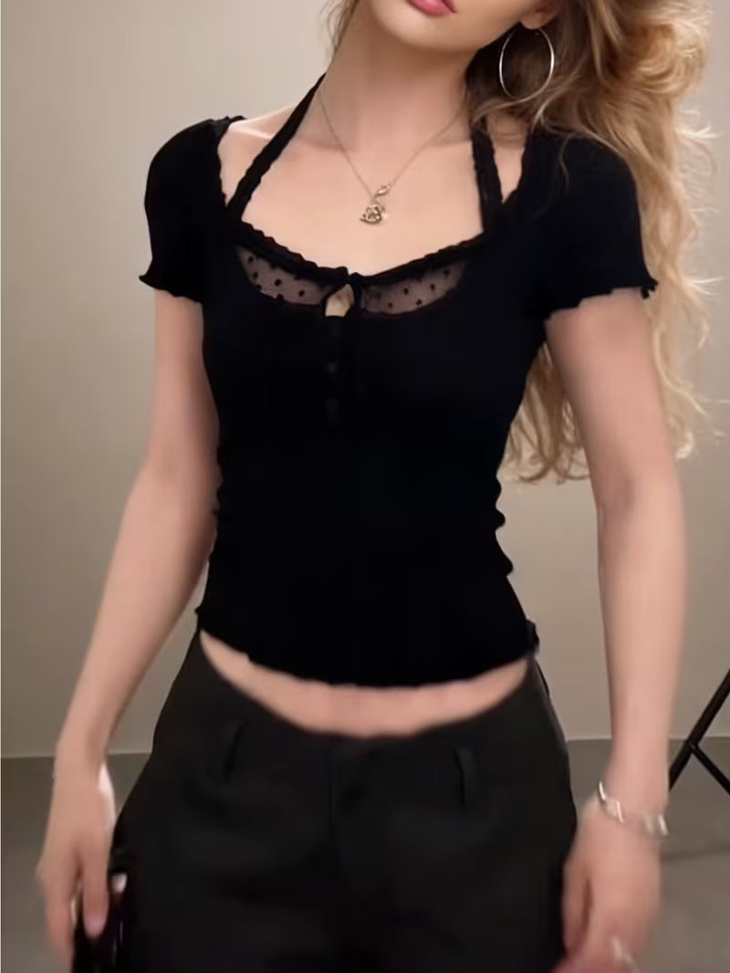 Women's T-Shirt in a pure and sexy style with lace halter neck, short sleeves, summer design hot slim-fit short top