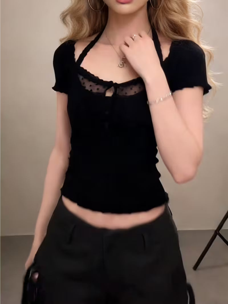 Women's T-Shirt in a pure and sexy style with lace halter neck, short sleeves, summer design hot slim-fit short top
