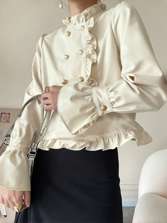 Solid Color British Style Pleated Lace Lapel Double-Breasted, Elegant Stand Collar Palace-Style Shirt, New Spring/Autumn Long Sleeve Fashion Top