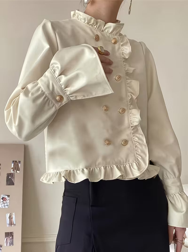 Solid Color British Style Pleated Lace Lapel Double-Breasted, Elegant Stand Collar Palace-Style Shirt, New Spring/Autumn Long Sleeve Fashion Top