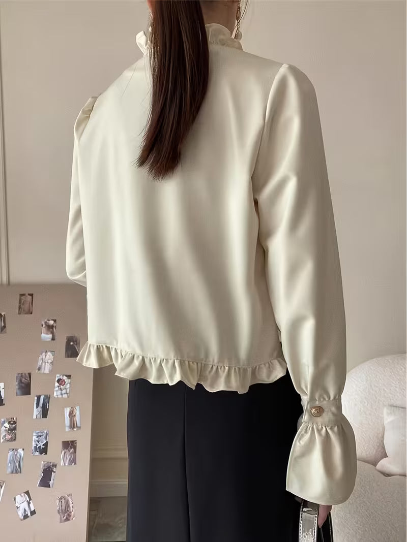 Solid Color British Style Pleated Lace Lapel Double-Breasted, Elegant Stand Collar Palace-Style Shirt, New Spring/Autumn Long Sleeve Fashion Top