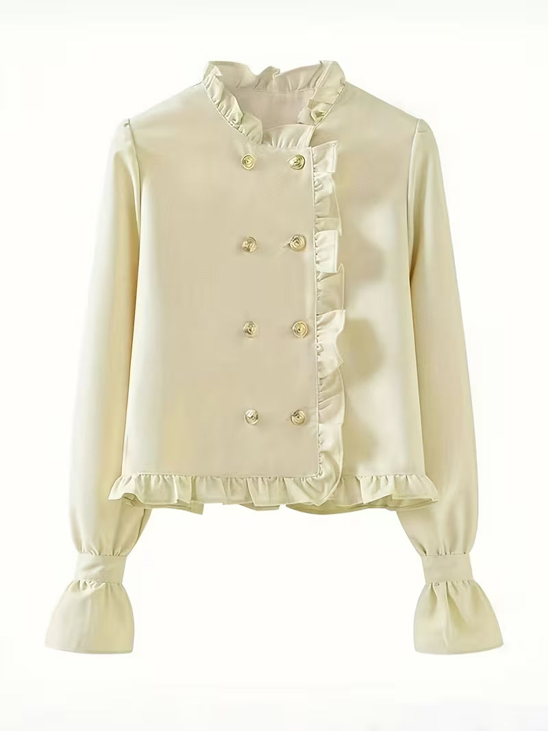 Solid Color British Style Pleated Lace Lapel Double-Breasted, Elegant Stand Collar Palace-Style Shirt, New Spring/Autumn Long Sleeve Fashion Top