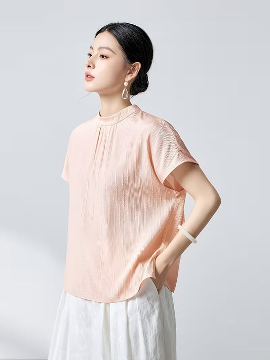 6A Grade 19 Momme Crown Crepe De Chine Mulberry Women's Vintage Stand Collar Short Sleeve Loose Fit Figure-Hugging Commuter Pure T-Shirt