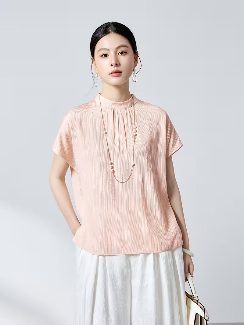 6A Grade 19 Momme Crown Crepe De Chine Mulberry Women's Vintage Stand Collar Short Sleeve Loose Fit Figure-Hugging Commuter Pure T-Shirt