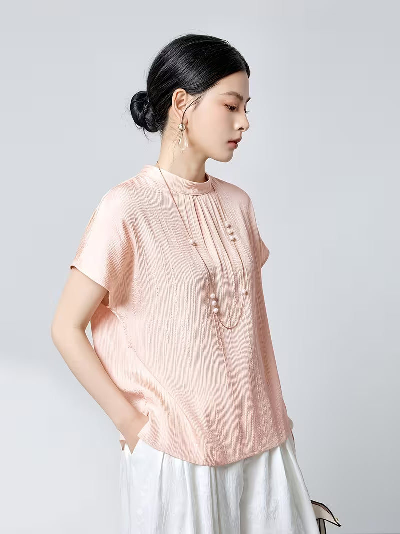 6A Grade 19 Momme Crown Crepe De Chine Mulberry Women's Vintage Stand Collar Short Sleeve Loose Fit Figure-Hugging Commuter Pure T-Shirt
