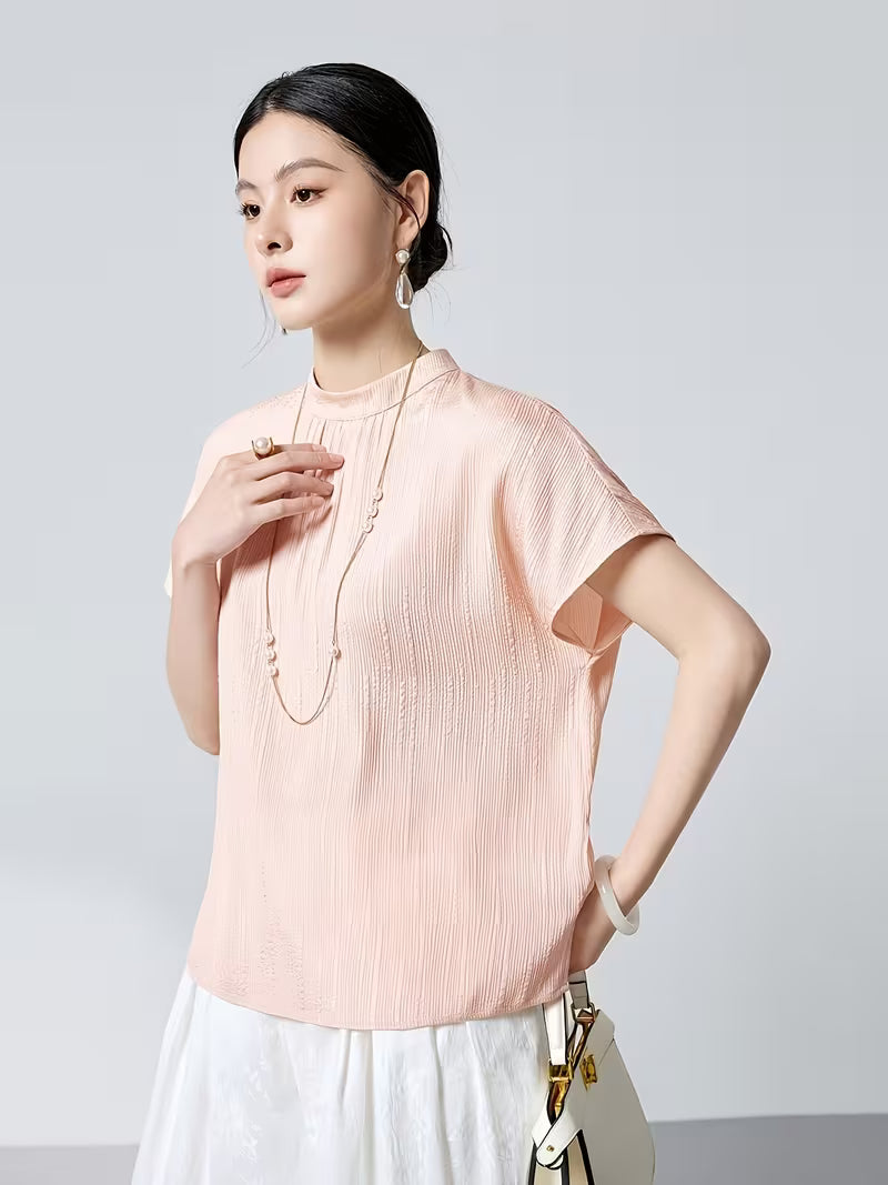 6A Grade 19 Momme Crown Crepe De Chine Mulberry Women's Vintage Stand Collar Short Sleeve Loose Fit Figure-Hugging Commuter Pure T-Shirt