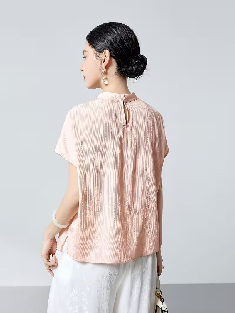 6A Grade 19 Momme Crown Crepe De Chine Mulberry Women's Vintage Stand Collar Short Sleeve Loose Fit Figure-Hugging Commuter Pure T-Shirt