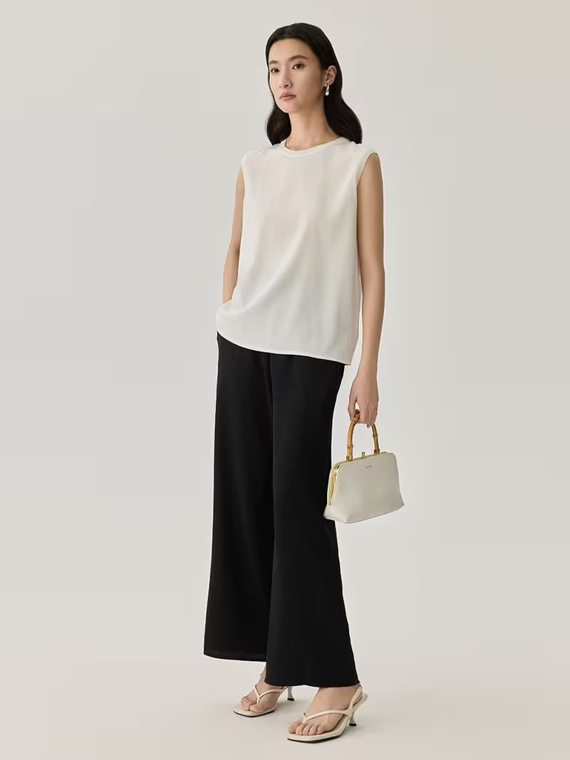 Women Summer Mulberry Sleeveless Round Neck Solid Color Simple Loose Tank Top