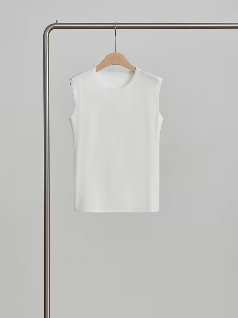 Women Summer Mulberry Sleeveless Round Neck Solid Color Simple Loose Tank Top
