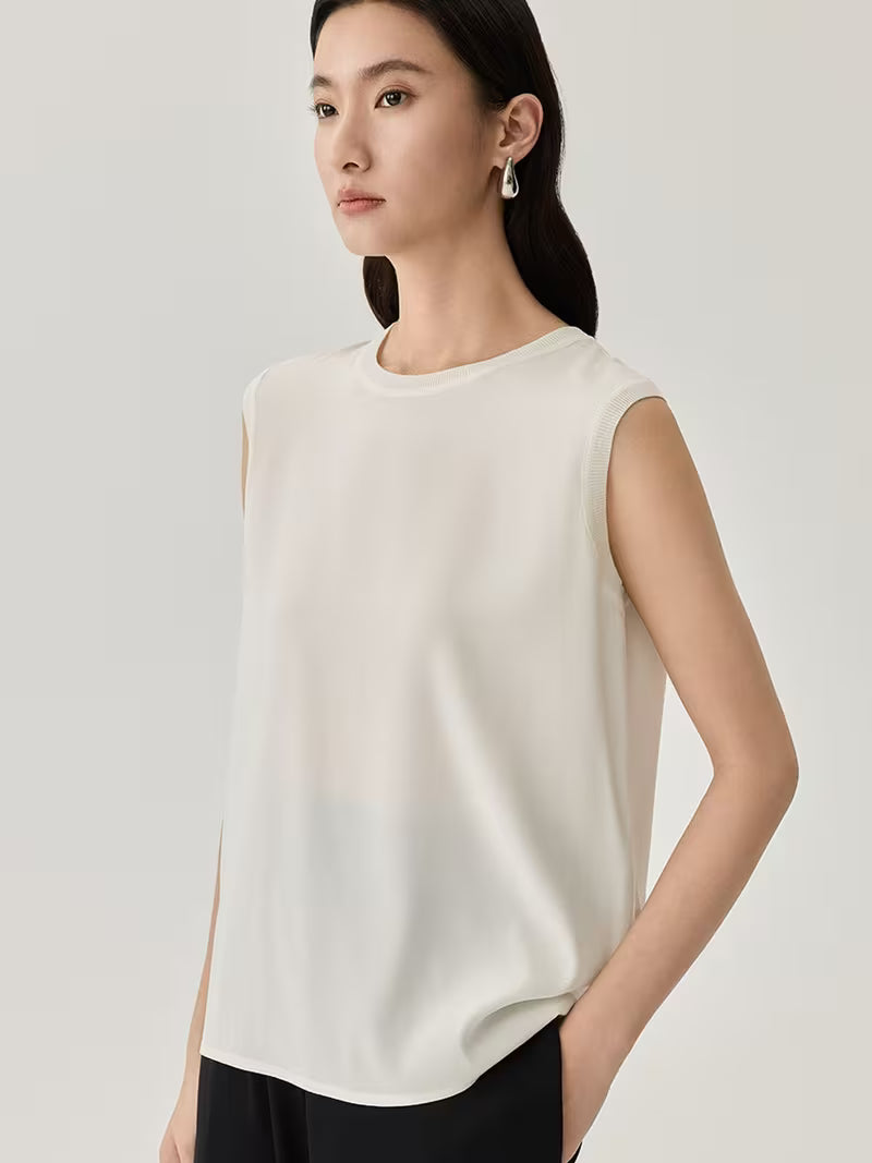 Women Summer Mulberry Sleeveless Round Neck Solid Color Simple Loose Tank Top