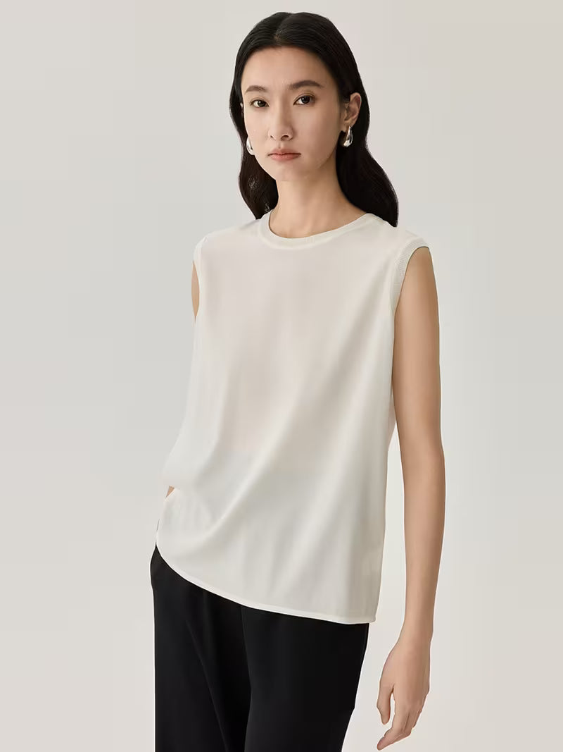 Women Summer Mulberry Sleeveless Round Neck Solid Color Simple Loose Tank Top