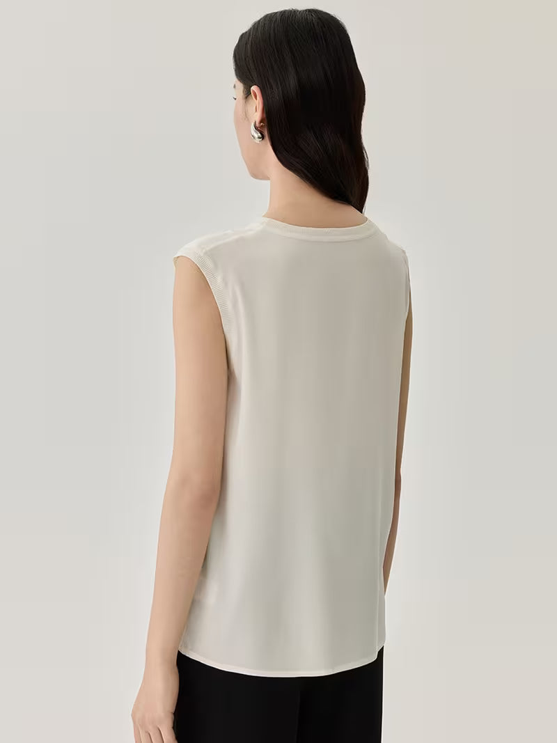 Women Summer Mulberry Sleeveless Round Neck Solid Color Simple Loose Tank Top
