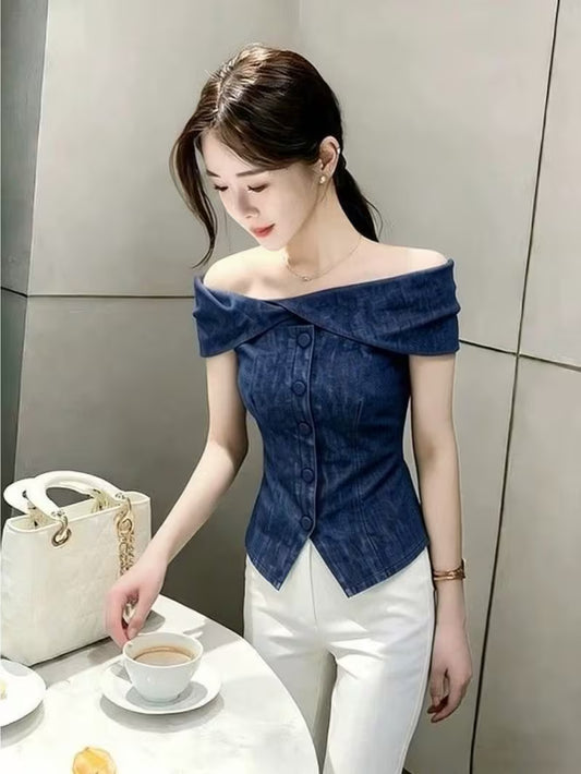 Trendyfashionable Breasted Silm One Shoulder Short Sleeve Shirt Women's Summernew Arrivalsexytops