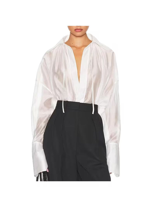 Women'S Belted Pleated Long-Sleeved Shirt | 2026 New Style, Niche Design, High-End Luxury Top