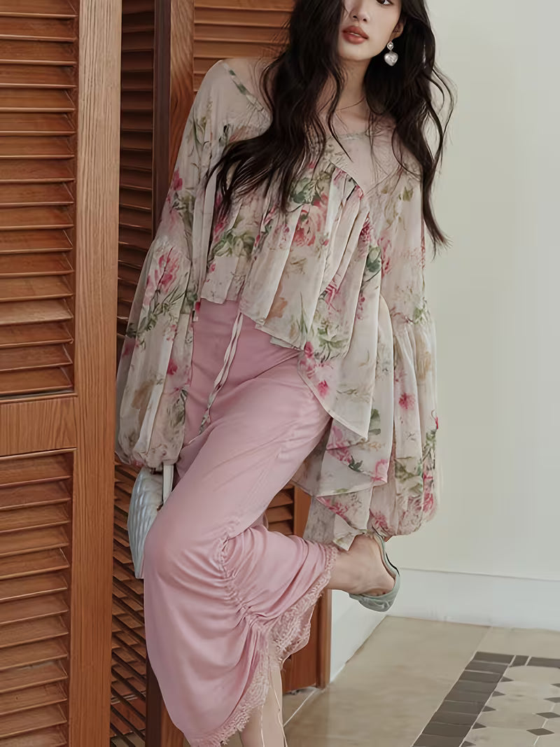 Ladies' Elegant and Fashionable Design, Flower Lace Up Versatile Long Sleeved White Shirt Top, Shirt