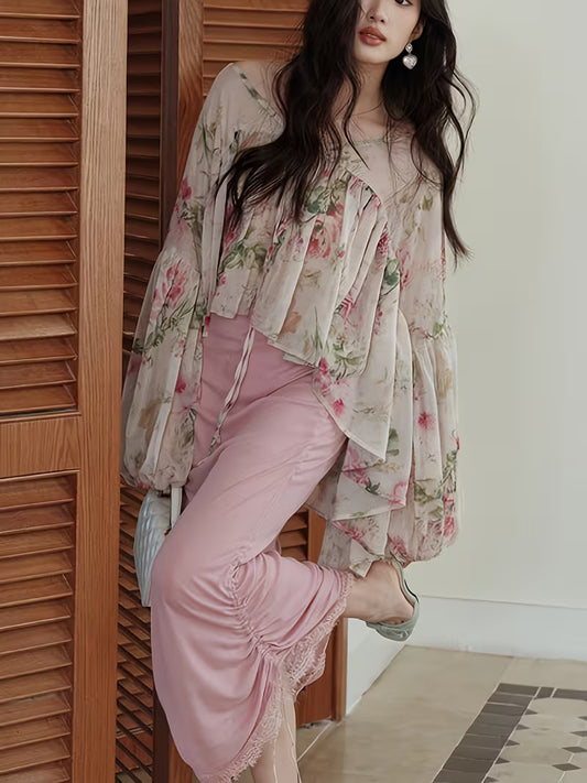 Ladies' Elegant and Fashionable Design, Flower Lace Up Versatile Long Sleeved White Shirt Top, Shirt