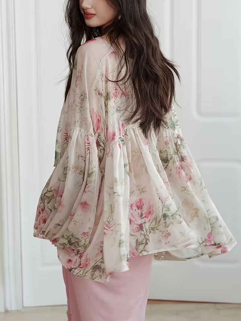 Ladies' Elegant and Fashionable Design, Flower Lace Up Versatile Long Sleeved White Shirt Top, Shirt