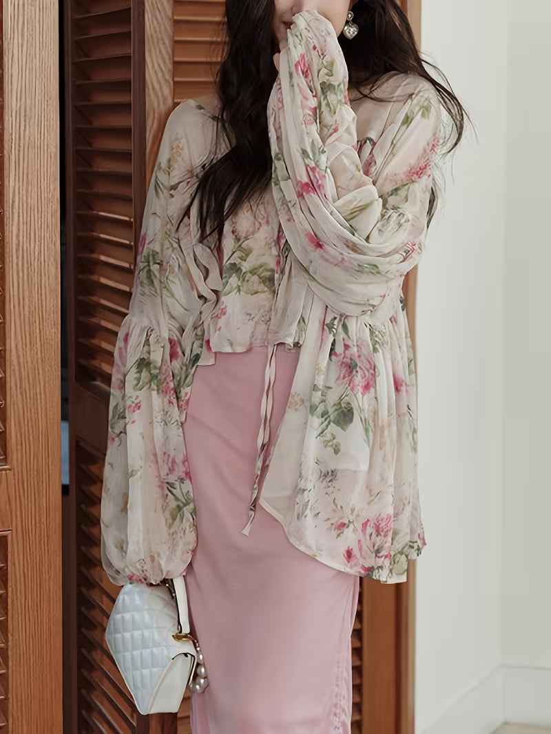 Ladies' Elegant and Fashionable Design, Flower Lace Up Versatile Long Sleeved White Shirt Top, Shirt