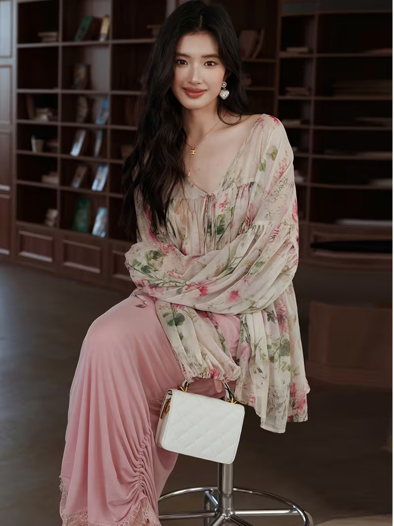 Ladies' Elegant and Fashionable Design, Flower Lace Up Versatile Long Sleeved White Shirt Top, Shirt