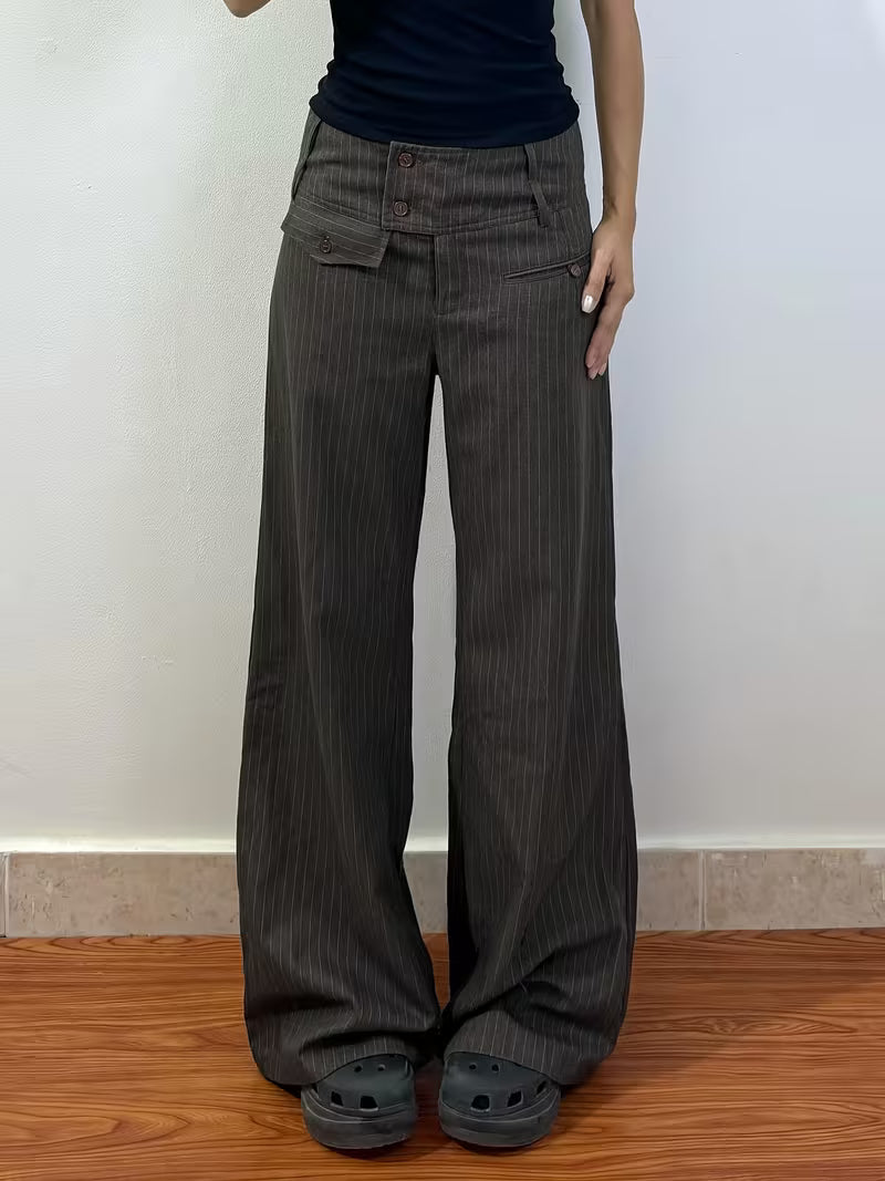 European and American Style Dark Gray Low-Rise Loose Suit Pants for Women, All-Season Commuter Versatile Casual Long Pants