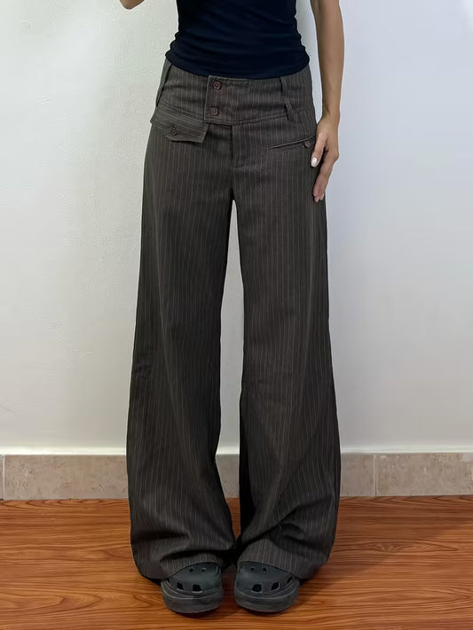 European and American Style Dark Gray Low-Rise Loose Suit Pants for Women, All-Season Commuter Versatile Casual Long Pants