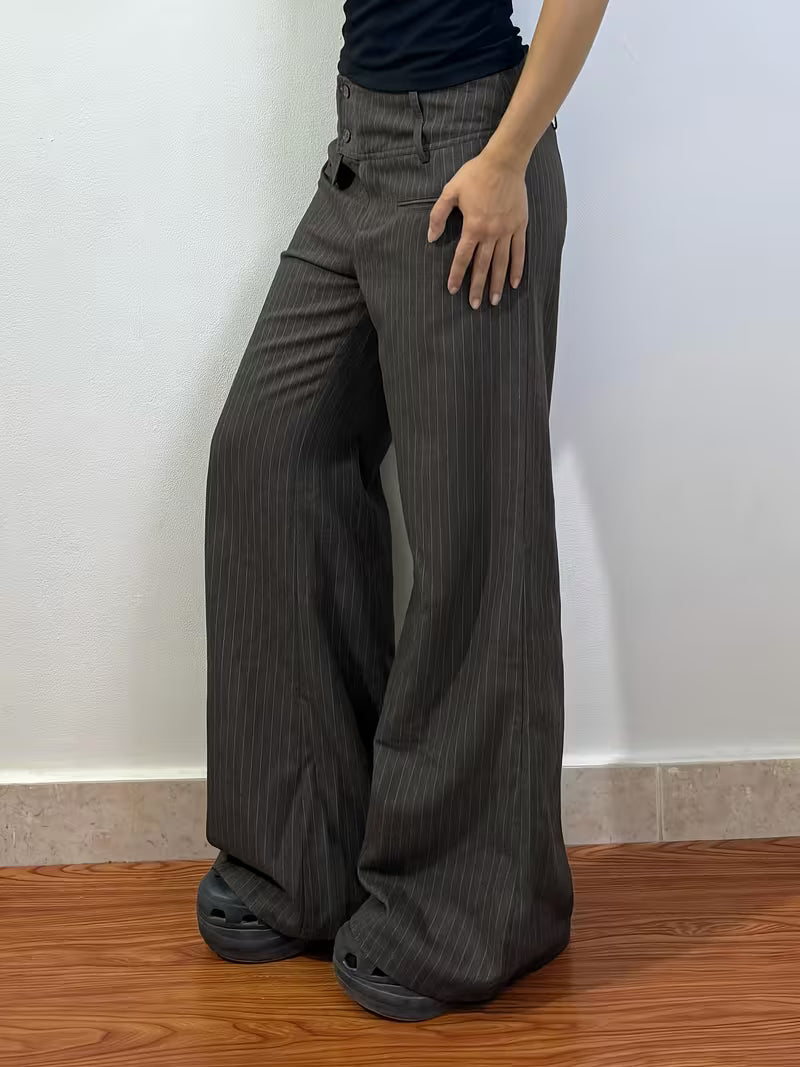 European and American Style Dark Gray Low-Rise Loose Suit Pants for Women, All-Season Commuter Versatile Casual Long Pants