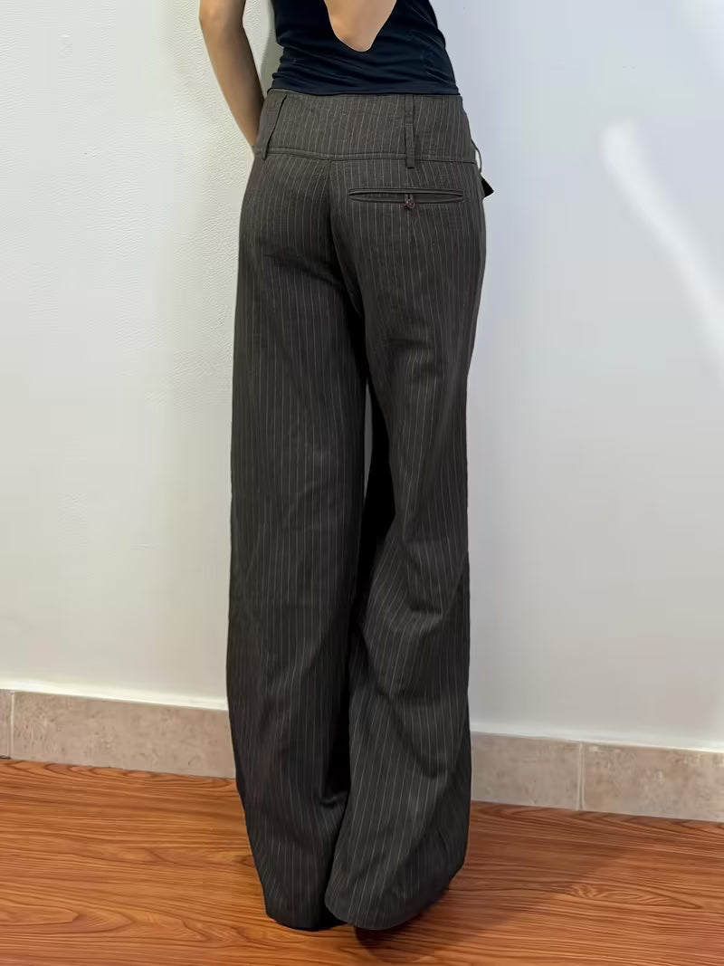 European and American Style Dark Gray Low-Rise Loose Suit Pants for Women, All-Season Commuter Versatile Casual Long Pants