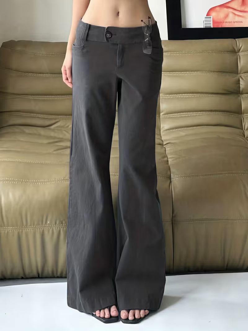 European and American Style Dark Gray Low-Rise Loose Suit Pants for Women, All-Season Commuter Versatile Casual Long Pants