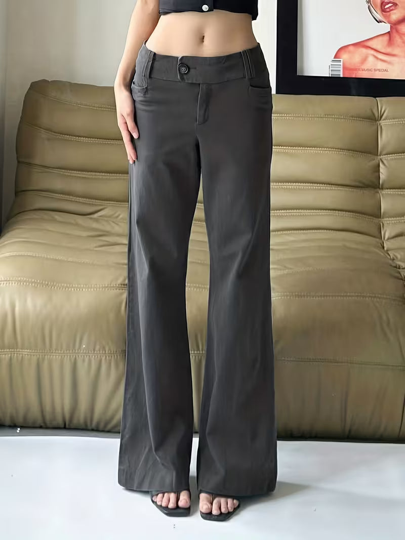 European and American Style Dark Gray Low-Rise Loose Suit Pants for Women, All-Season Commuter Versatile Casual Long Pants