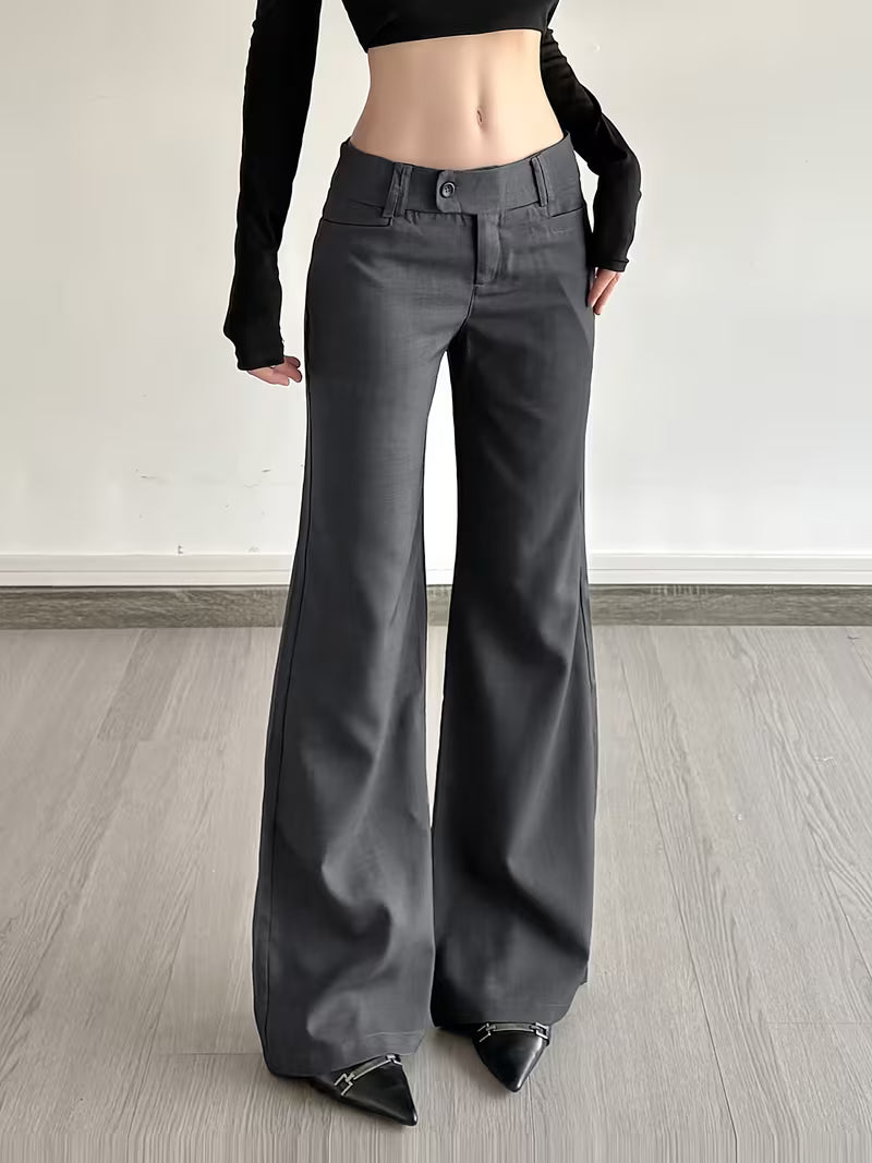 European and American Style Dark Gray Low-Rise Loose Suit Pants for Women, All-Season Commuter Versatile Casual Long Pants