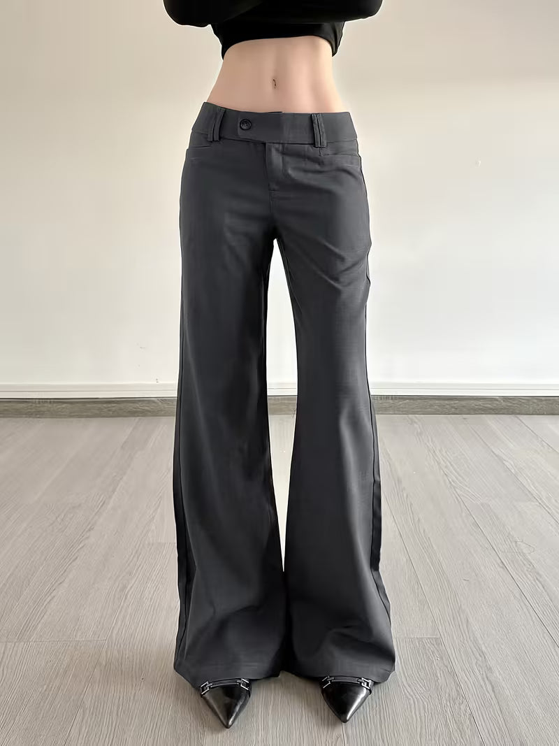 European and American Style Dark Gray Low-Rise Loose Suit Pants for Women, All-Season Commuter Versatile Casual Long Pants