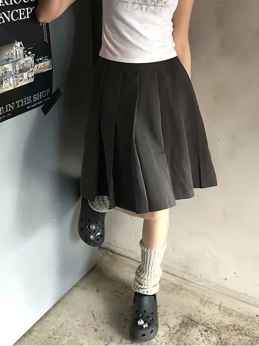 Pleated Skirt Mid-Length Preppy Style Casual Daily Elastic Waist Mid-Length Skirt Solid Color Short Skirt - [Walk 1]