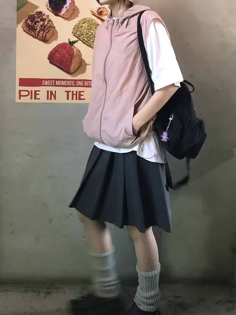 Pleated Skirt Mid-Length Preppy Style Casual Daily Elastic Waist Mid-Length Skirt Solid Color Short Skirt - [Walk 1]