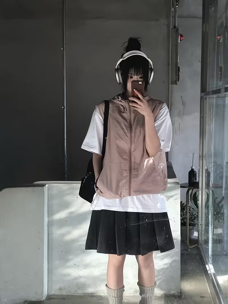 Pleated Skirt Mid-Length Preppy Style Casual Daily Elastic Waist Mid-Length Skirt Solid Color Short Skirt - [Walk 1]
