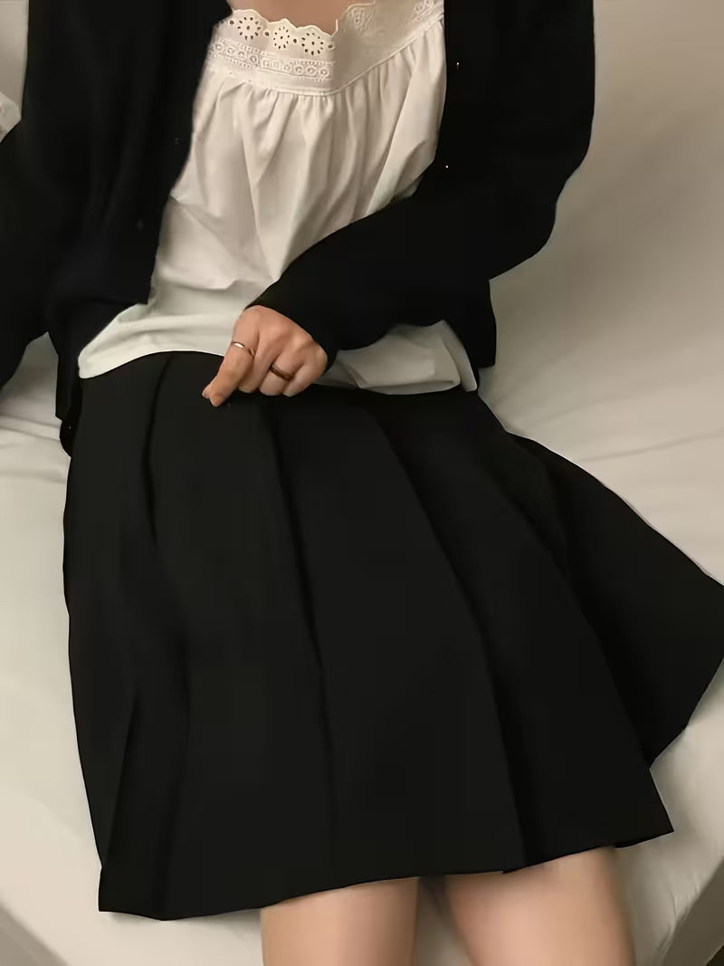 Pleated Skirt Mid-Length Preppy Style Casual Daily Elastic Waist Mid-Length Skirt Solid Color Short Skirt - [Walk 1]