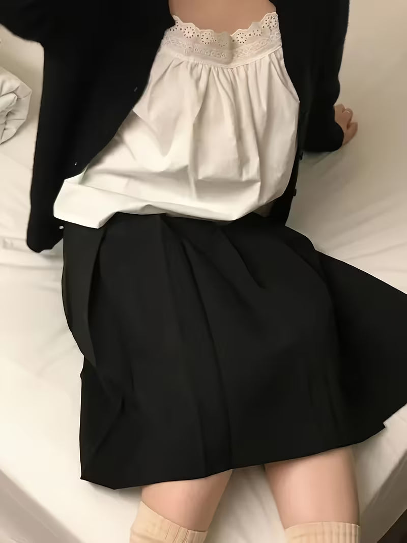 Pleated Skirt Mid-Length Preppy Style Casual Daily Elastic Waist Mid-Length Skirt Solid Color Short Skirt - [Walk 1]