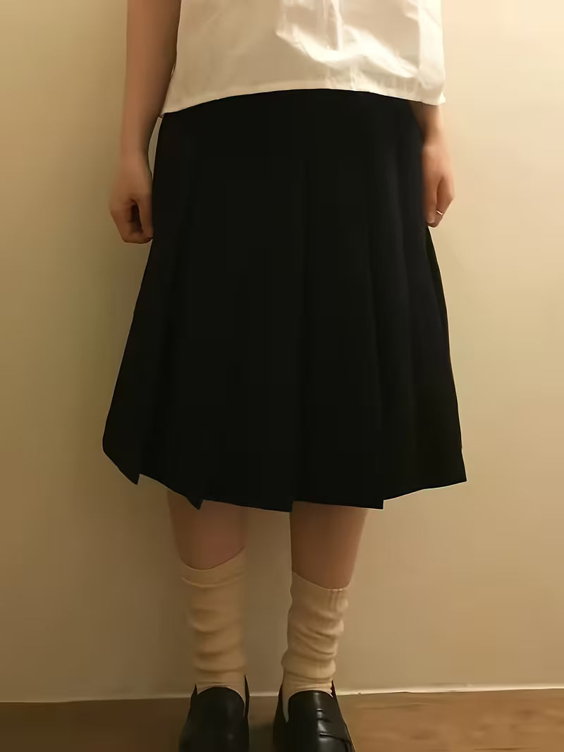 Pleated Skirt Mid-Length Preppy Style Casual Daily Elastic Waist Mid-Length Skirt Solid Color Short Skirt - [Walk 1]