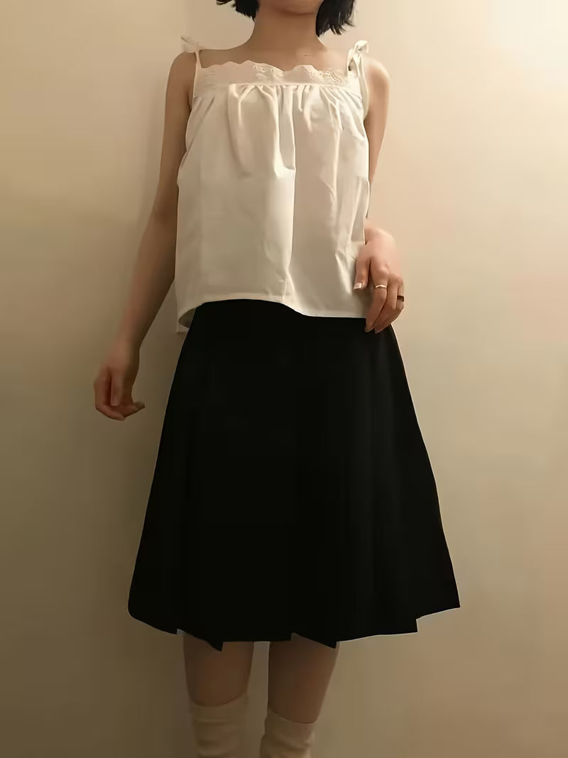 Pleated Skirt Mid-Length Preppy Style Casual Daily Elastic Waist Mid-Length Skirt Solid Color Short Skirt - [Walk 1]