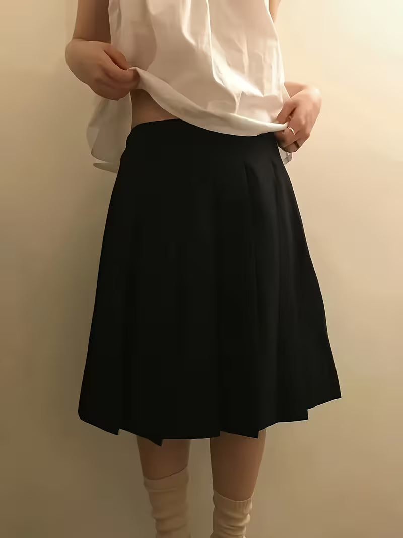 Pleated Skirt Mid-Length Preppy Style Casual Daily Elastic Waist Mid-Length Skirt Solid Color Short Skirt - [Walk 1]