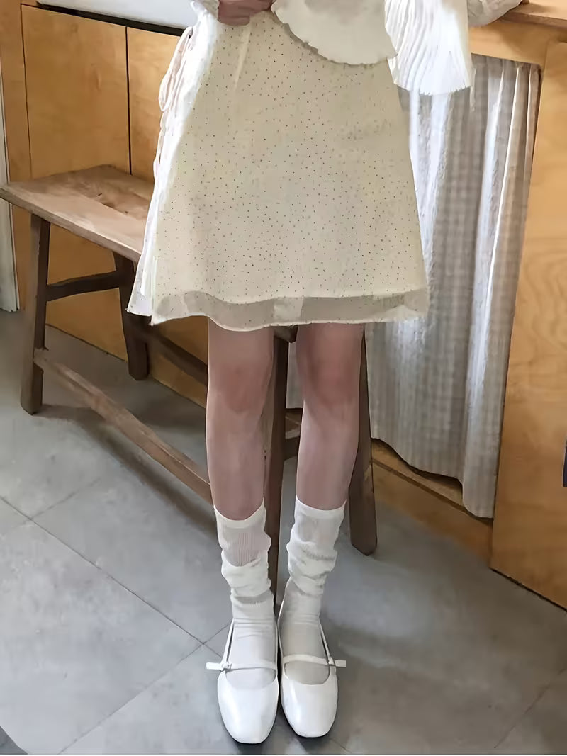 Women'S Korean Style Polka Dot Chiffon Short Skirt with Tie-Up Slit Design - Walking Direction