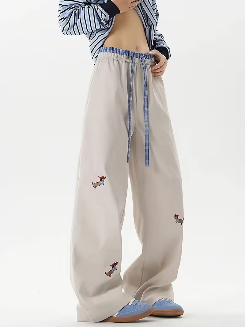 Female Spring Summer Autumn Embroidered Patchwork Waistband Designer Slim Fit Straight-Leg Pants, Loose Fit Versatile Commuter Korean Style Y Casual Trousers