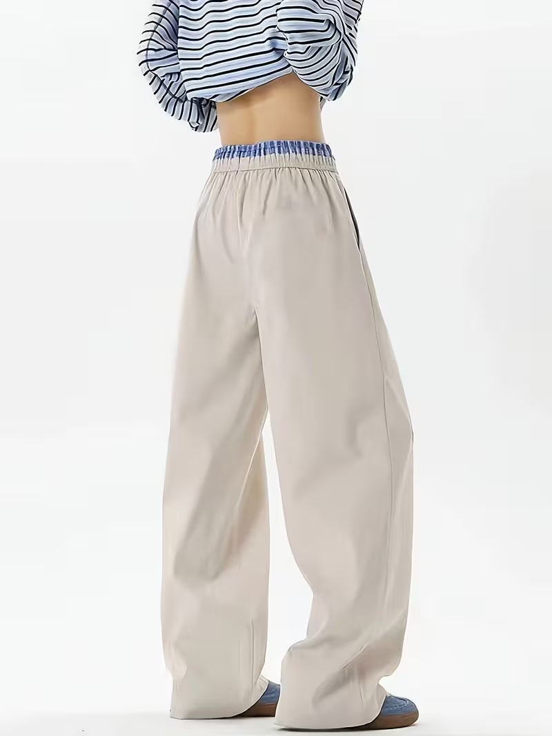 Female Spring Summer Autumn Embroidered Patchwork Waistband Designer Slim Fit Straight-Leg Pants, Loose Fit Versatile Commuter Korean Style Y Casual Trousers