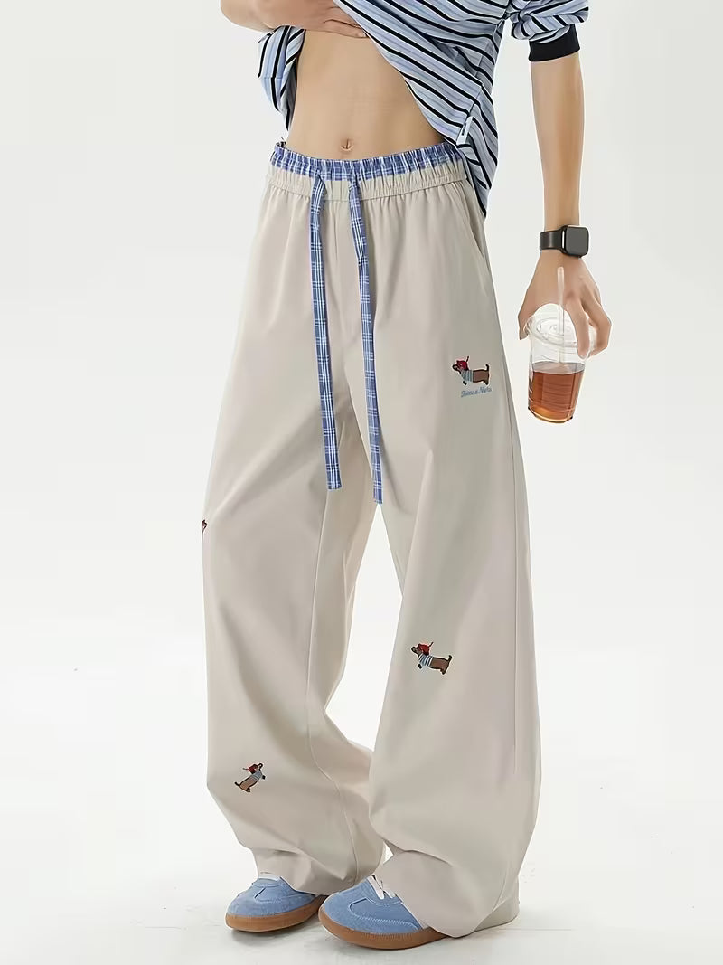 Female Spring Summer Autumn Embroidered Patchwork Waistband Designer Slim Fit Straight-Leg Pants, Loose Fit Versatile Commuter Korean Style Y Casual Trousers