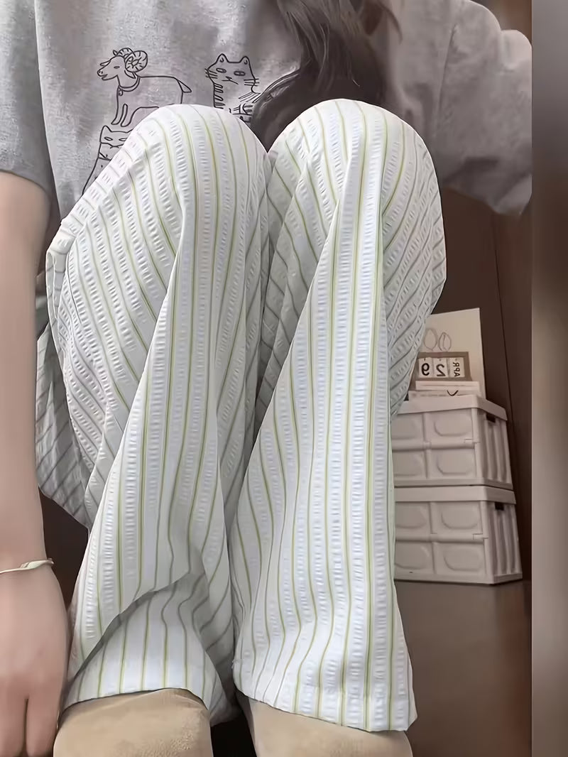 [Wide-leg loungewear pants] Women's Dopamine Honeydew Green Striped Wide-Leg Pajama Pants, 1-Pack, Casual Color Block, All-Season, Non-Stretch, Stylish Durable Versatile