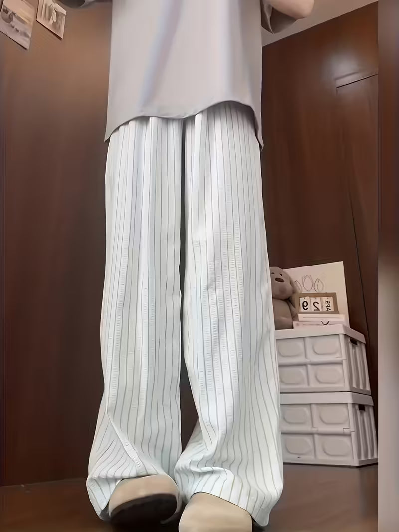 [Wide-leg loungewear pants] Women's Dopamine Honeydew Green Striped Wide-Leg Pajama Pants, 1-Pack, Casual Color Block, All-Season, Non-Stretch, Stylish Durable Versatile