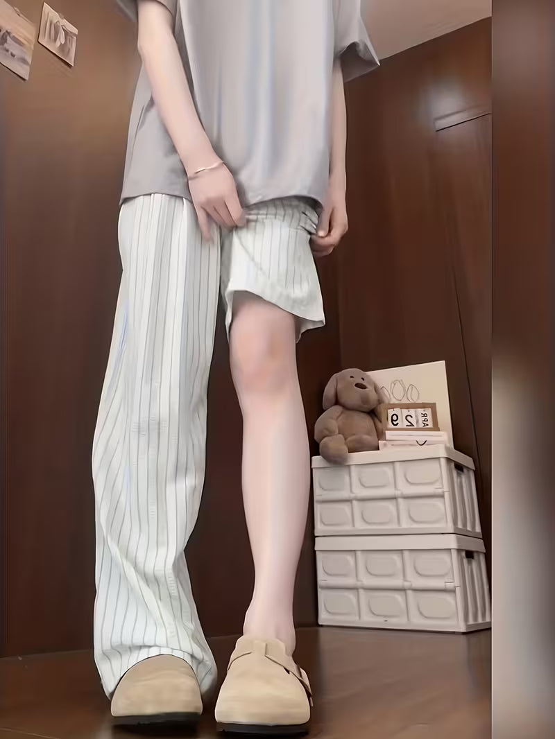 [Wide-leg loungewear pants] Women's Dopamine Honeydew Green Striped Wide-Leg Pajama Pants, 1-Pack, Casual Color Block, All-Season, Non-Stretch, Stylish Durable Versatile