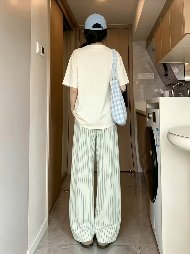 [Wide-leg loungewear pants] Women's Dopamine Honeydew Green Striped Wide-Leg Pajama Pants, 1-Pack, Casual Color Block, All-Season, Non-Stretch, Stylish Durable Versatile