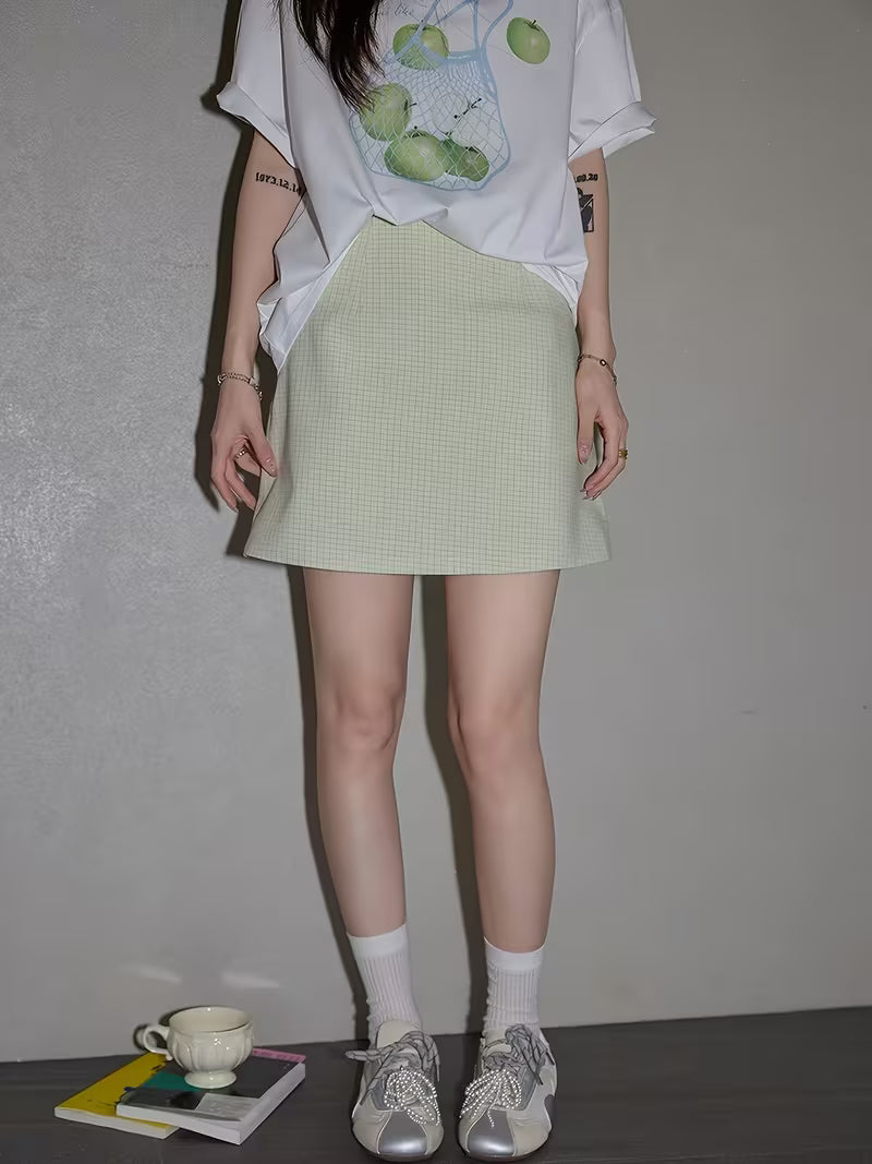 2026 New Korean Fresh Mint Green All-Match Plaid A-Line Half Skirt Short Skirt High-Waist Hip-Covering Skirt Inner Shorts Design Effectively Prevents Side Slip