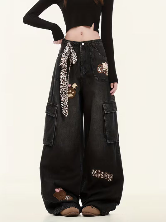 Casual Wide-Leg Jeans for Teenage Featuring a Leopard Print Belt, Perfect for Y2K Streetwear And Preppy Styles