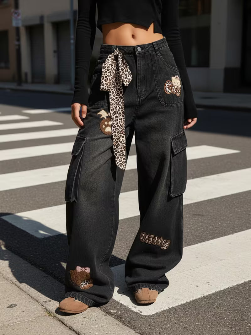 Casual Wide-Leg Jeans for Teenage Featuring a Leopard Print Belt, Perfect for Y2K Streetwear And Preppy Styles